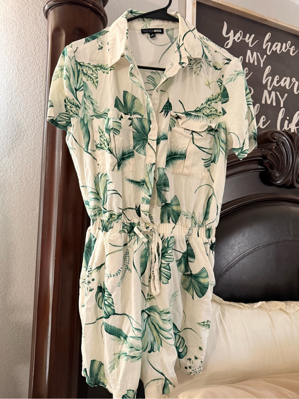 Tropical Leaf Short Sleeve Romper - Green on Cream